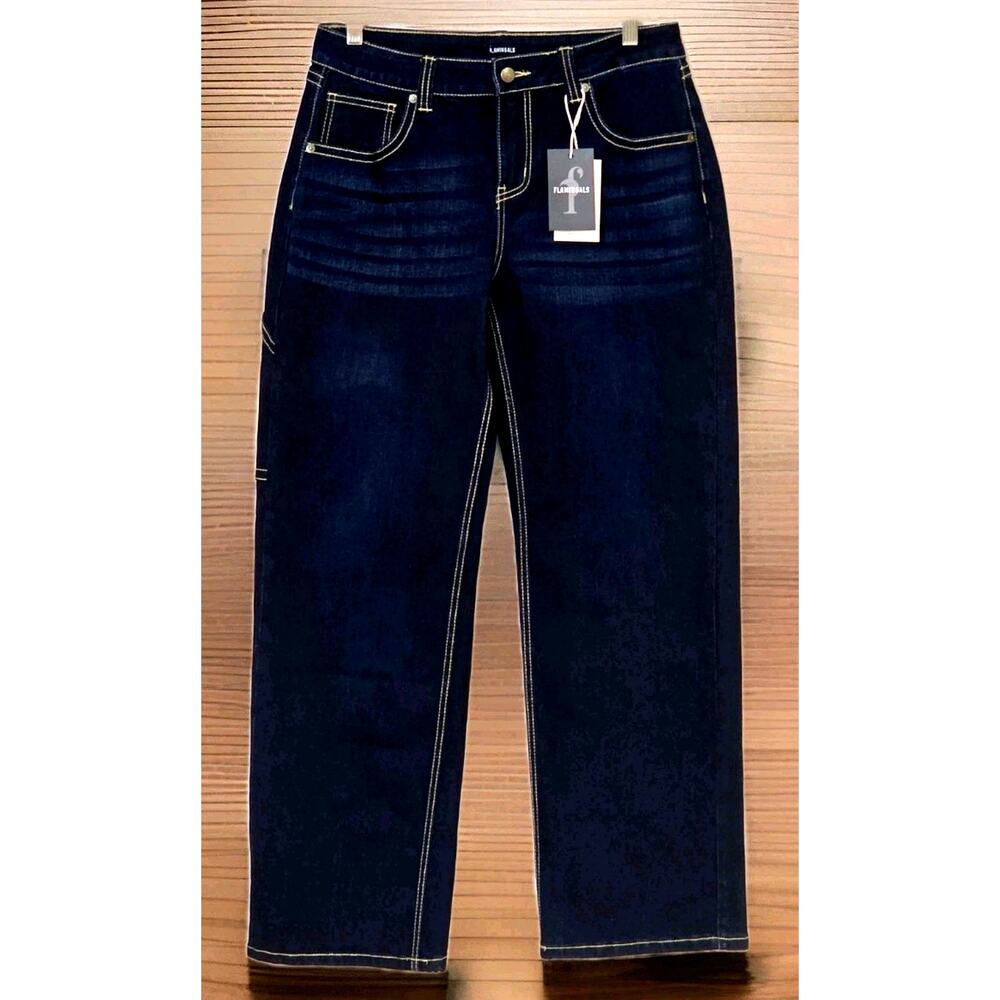 Flamingals Boyfriend Jeans Straight Wide Leg Relaxed Carpenter Dark Wash NWT Med